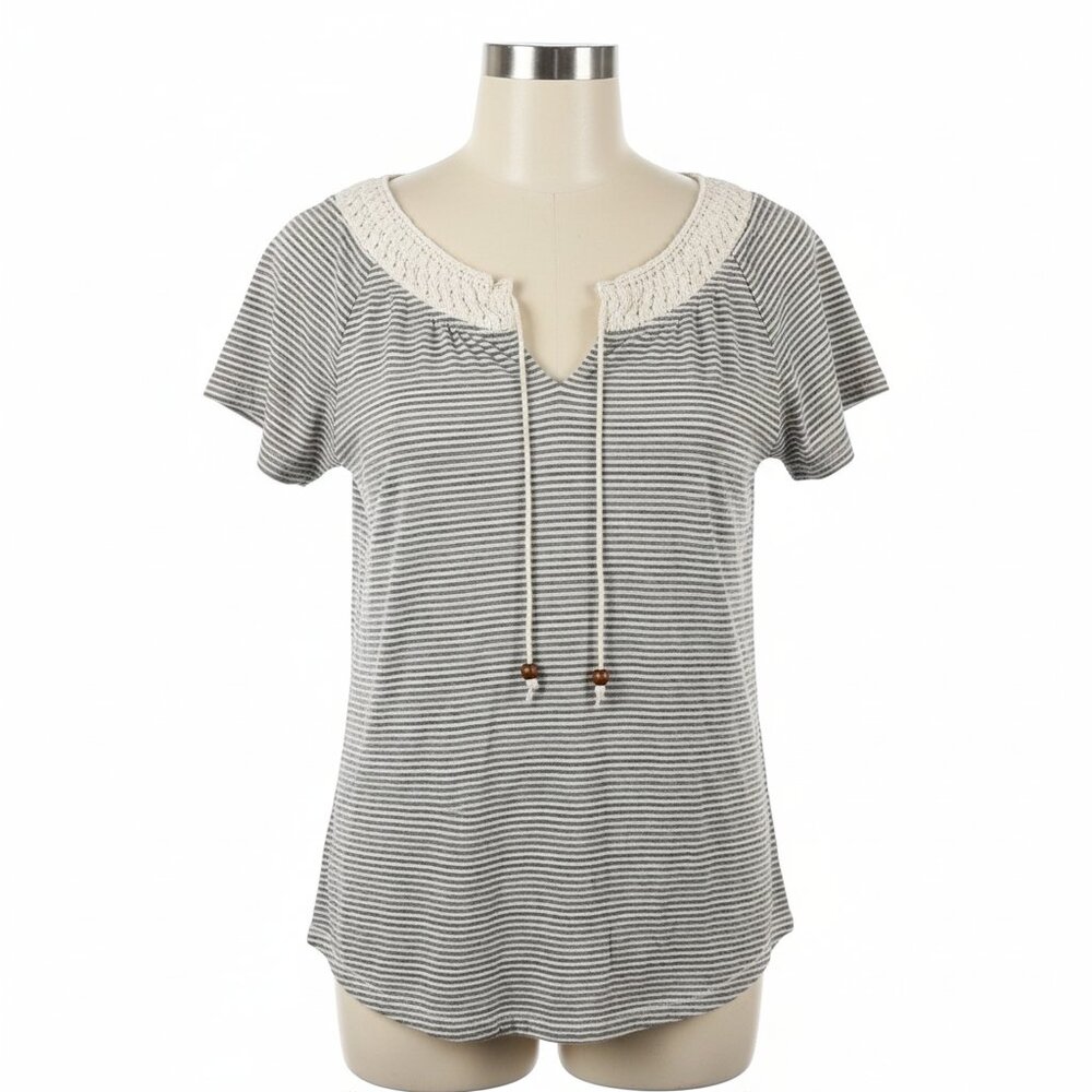 Lucky Brand Blouse XL Green White Stripe Crochet Tie Neck Peasant Boho Cottage